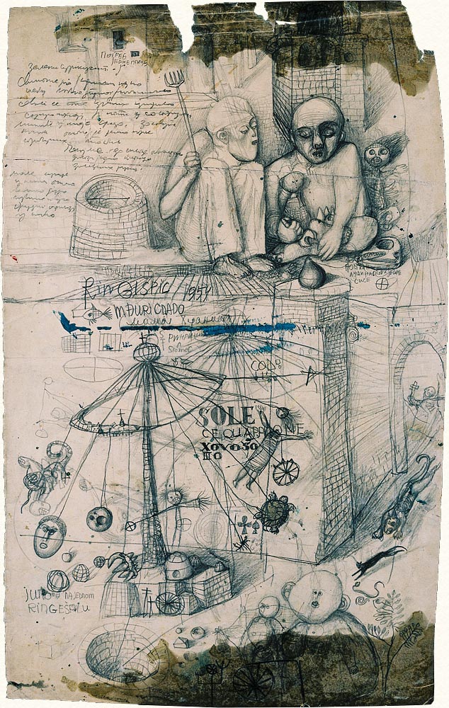 Dessin de Dado : &Eacute;tude pour Le Carrousel, 1954
