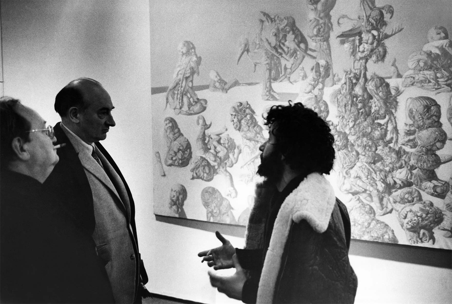 François Mathey, Gaëtan Picon et Dado lors du vernissage au C.N.A.C. en 1970