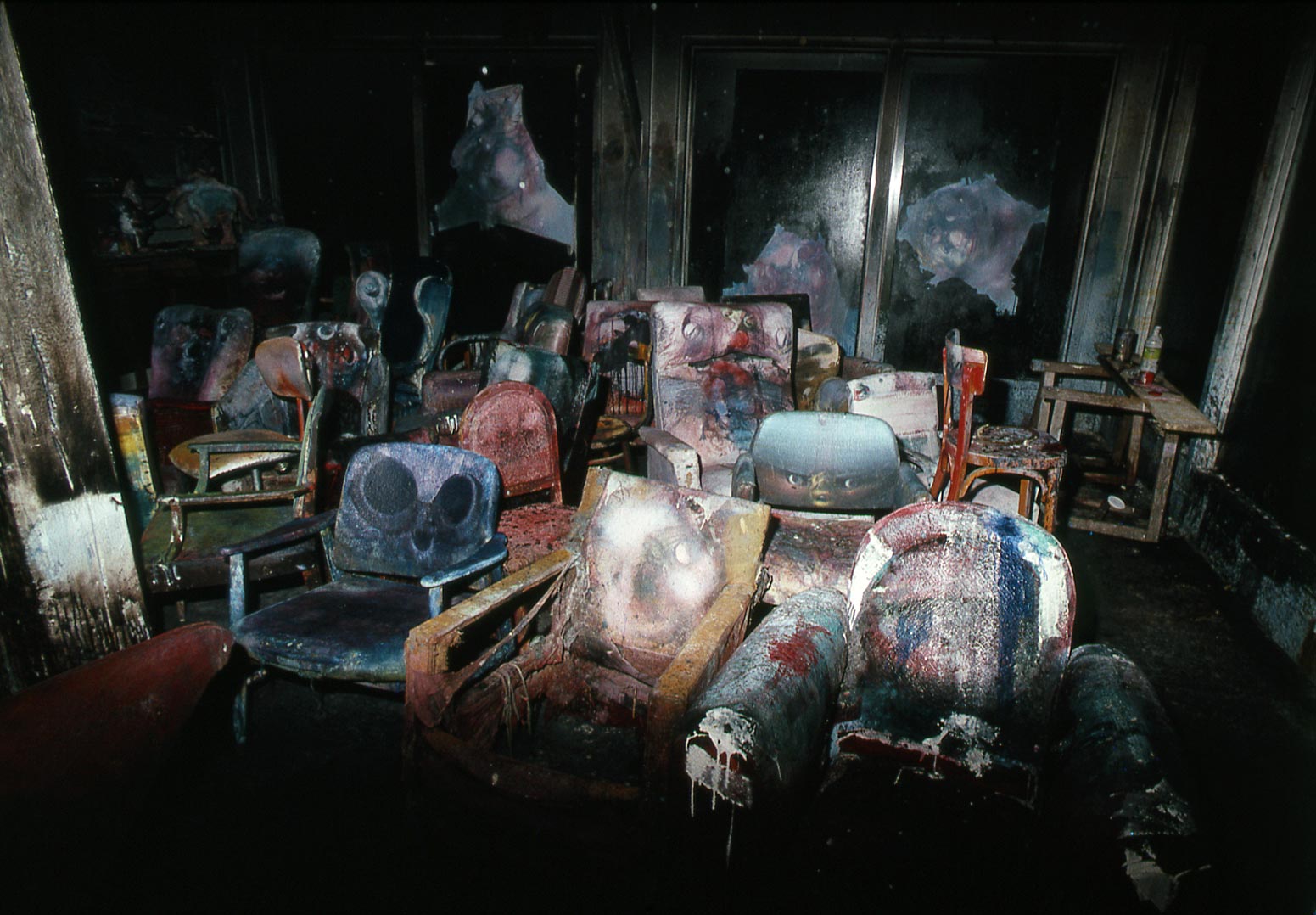 The armchairs in Dado’s studio after the fire in 1988