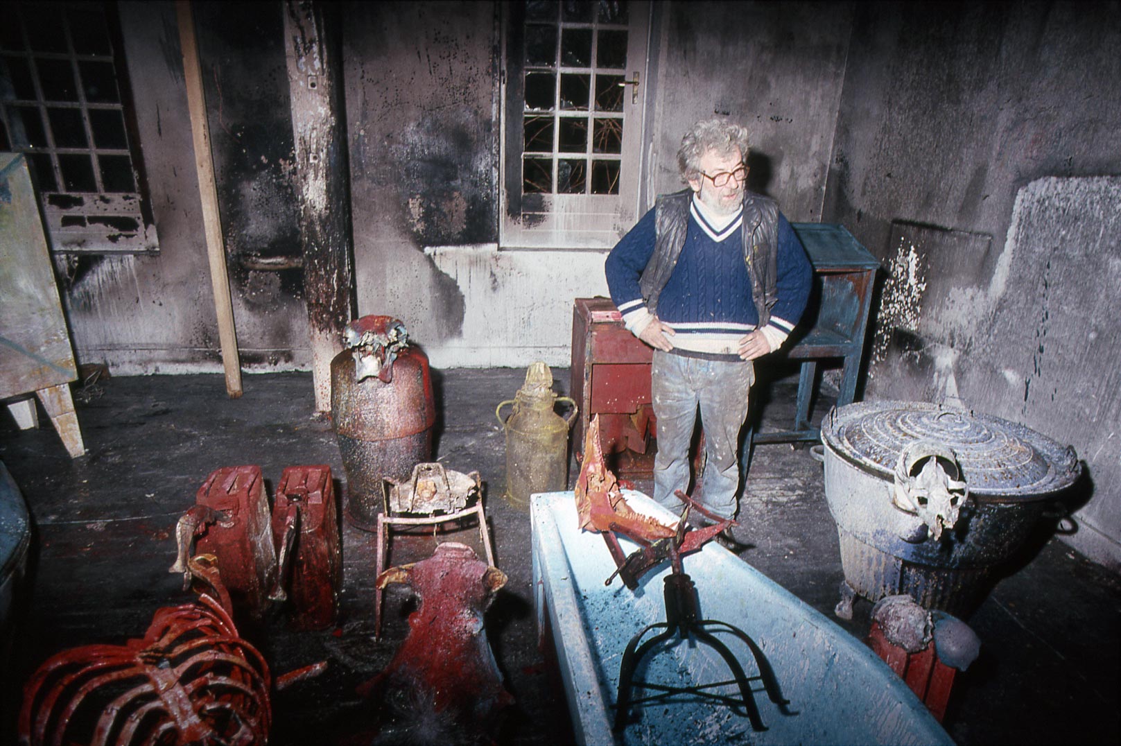 Dado at his studio after the fire in 1988