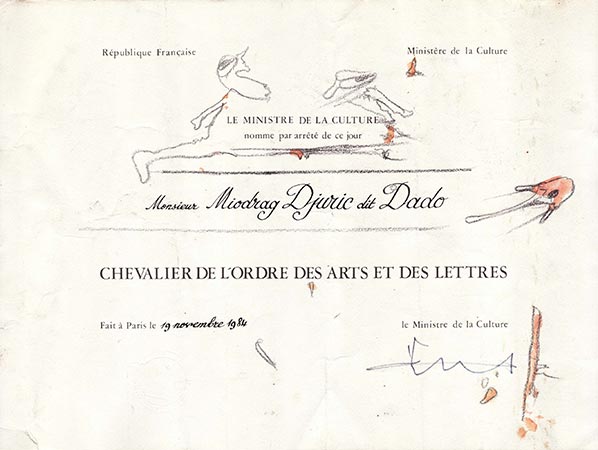 Diplôme de chevalier de l’ordre des Arts et des Lettres