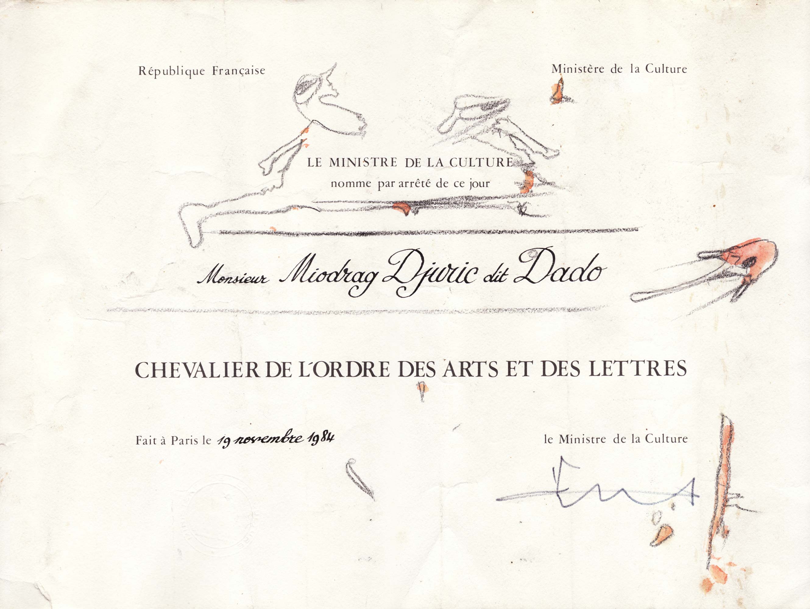 Knight of the order of Arts and Letters certificate