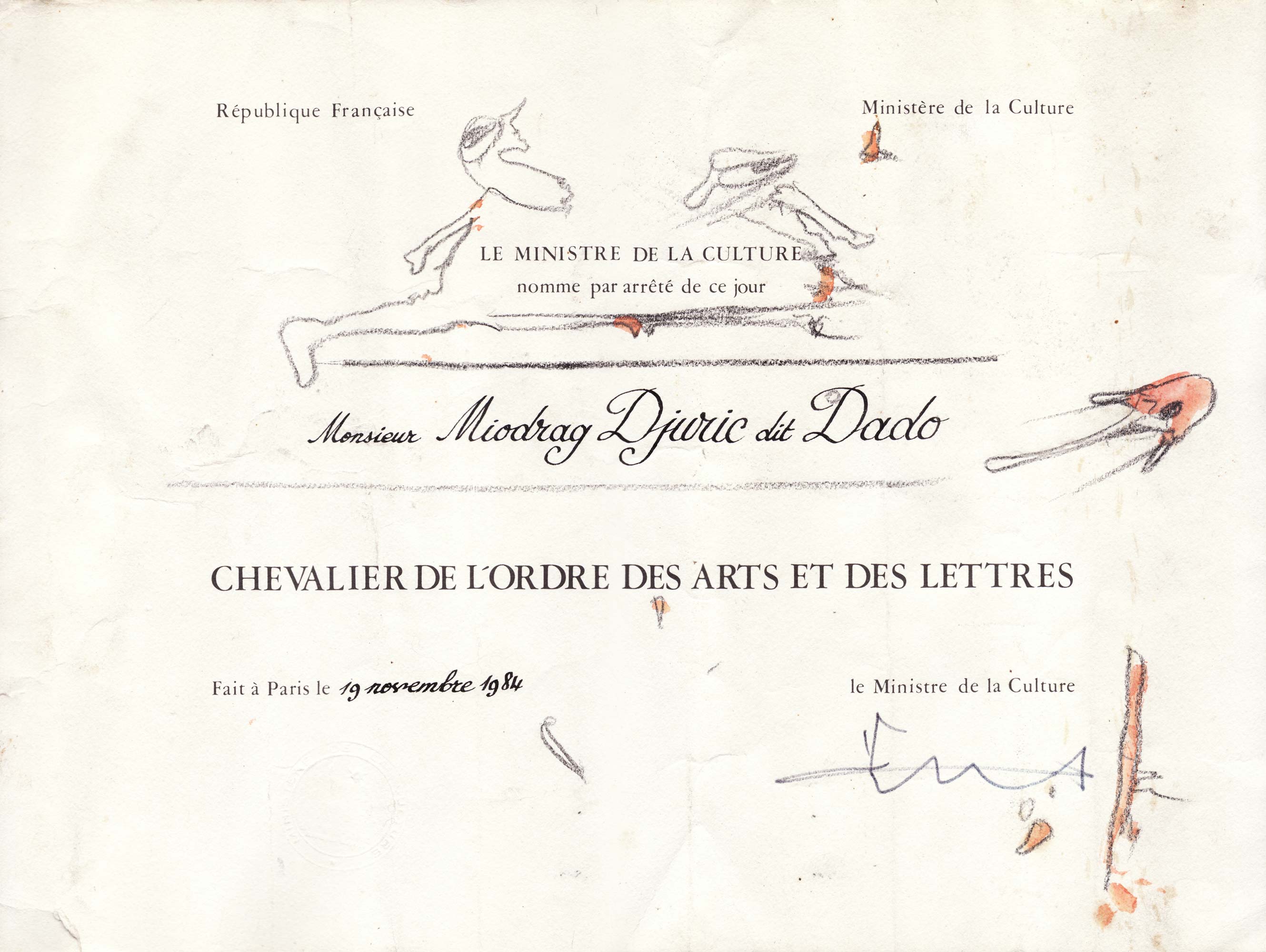 Diplôme de Dado de chevalier de l’ordre des Arts et des Lettres