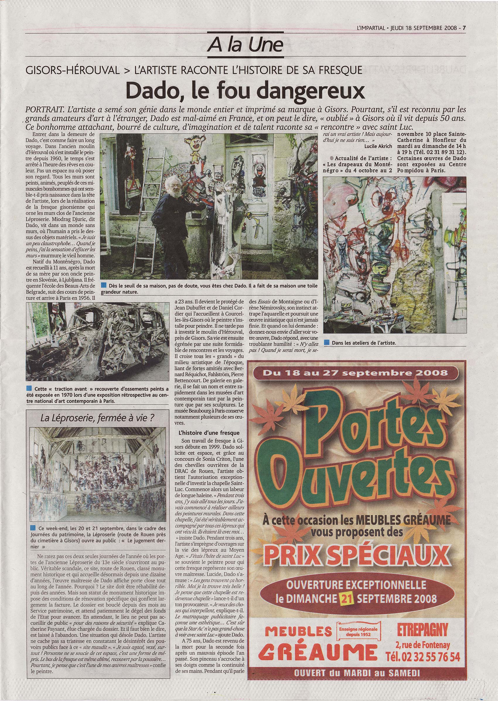 Article in the journal L’Impartial for Thursday September 18, 2008, on the painter Dado